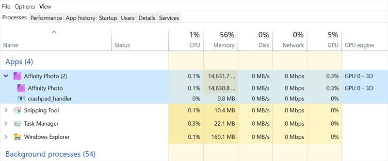 Affinity - Utiliz RAM - Import 100 Poze pentru edit fin